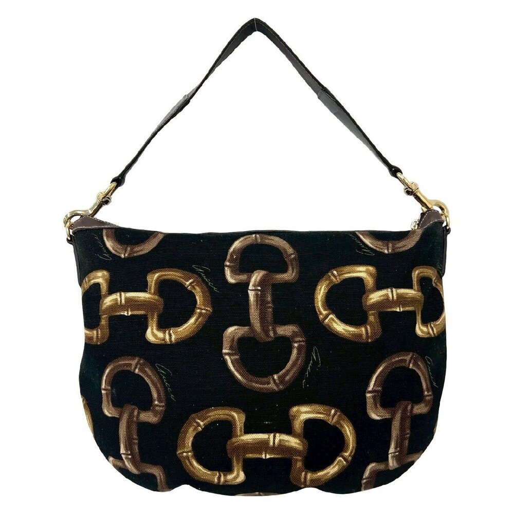 GUCCI Horsebit canvas leather shoulder bag handbag tote black - Picture 5 of 10